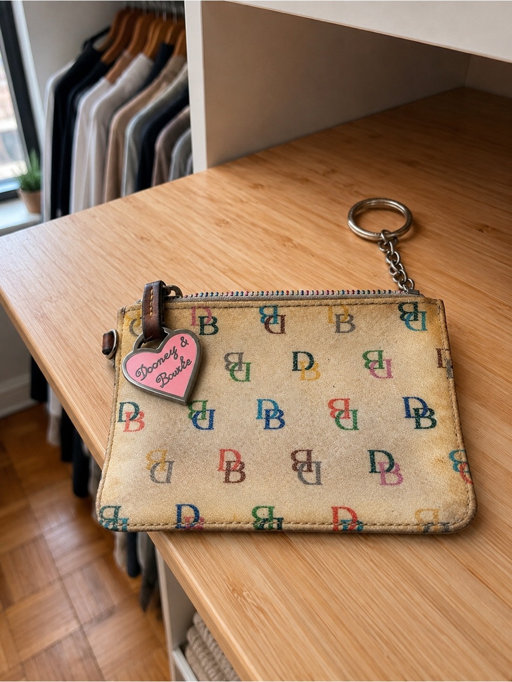 Vintage Dooney & Bourke Beige Multicolor 'DB' Key Pouch